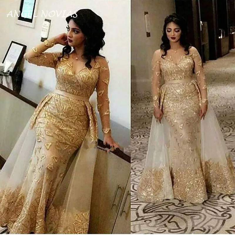 Lange Mouwen Elegante Gold Mermaid Lace V-hals Arabisch Elegante Avondjurk 2020 Met Afneembare Rok Abiye Elbiseleri Lange Mouwen Elegante Gold Mermaid Lace V-hals Arabisch Elegante Avondjurk 2020 Met Afneembare Rok Abiye Elbiseleri