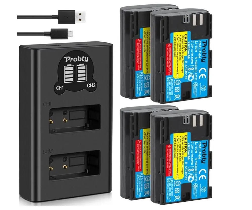 4BatteryWithCharger PROBTY LP E6 LPE6 LP-E6 E6N аккумулятор 2650 мАч+ светодиодный двойной зарядное устройство для Canon EOS 5DS R 5D Mark II 5D Mark III 6D 7D 80D EOS 5DS R C - Цвет: 4BatteryWithCharger