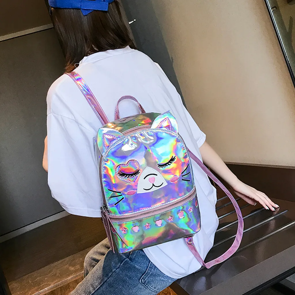 MAIOUMY, женский рюкзак из искусственной кожи, школьная сумка для девочек-подростков, милый кот, лазер, модные женские рюкзаки, женская серебряная сумка Mochila