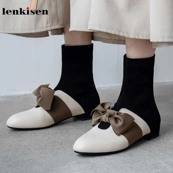 

Lenkisen new sweet fashion bowtie genuine leather flock round toe low heels fashion mixed colors winter women mid-calf boots L57