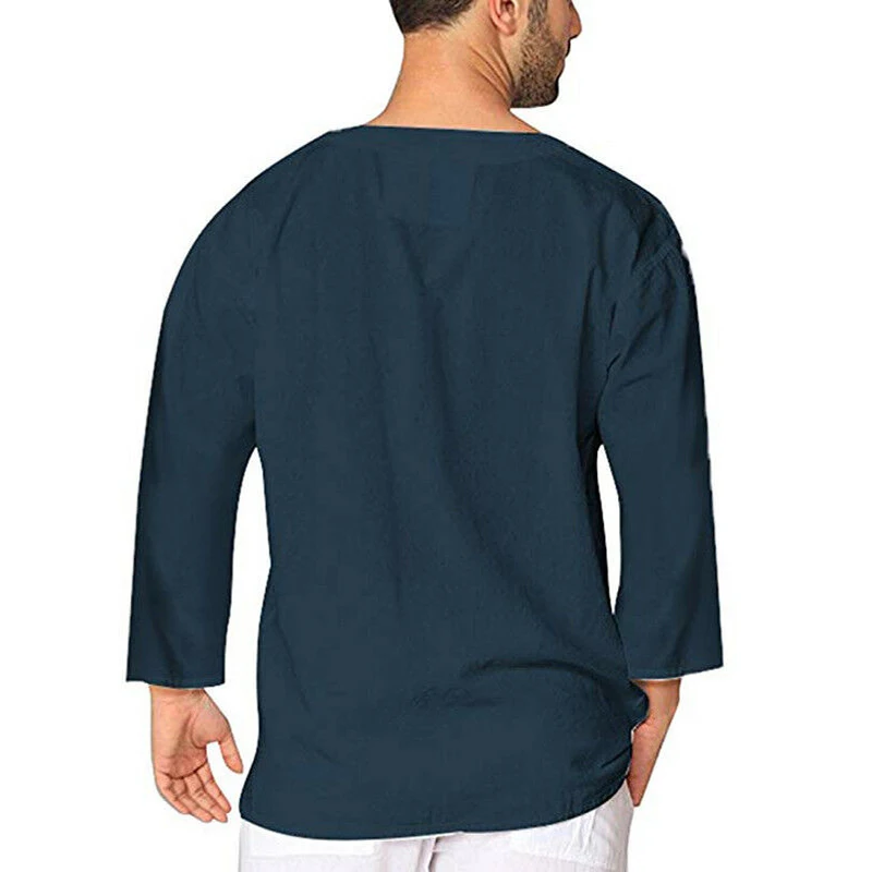 Hot Men Solid Baggy Shirt Cotton Linen Hippie Shirt Summer Mens Fashion Casual Street Daily Long Sleeve V Neck Shirt Five Color