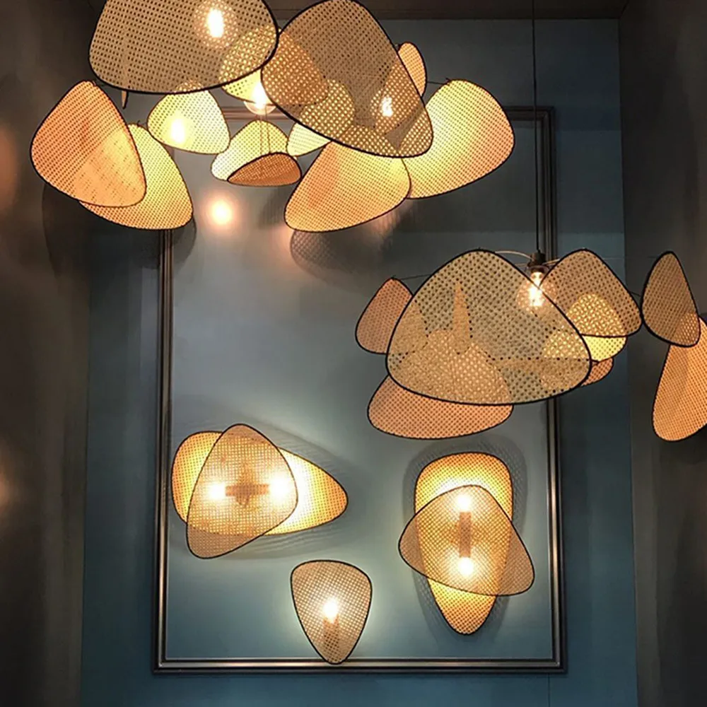 Rattan Chandelier Wicker Suspension Lamp Screen Cannage Kitchen Wood Bamboo e27 Creative Leaf Grid Hand designer lamp