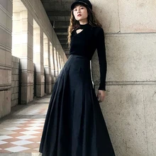 Новинка, винтажная длинная юбка макси, плиссированная юбка с высокой талией для женщин, осенне-зимние юбки, S-L, черные, с большим подолом, с карманами