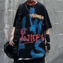 Camiseta de gran tamaño para hombre, camiseta negra oscura bf, tops de manga corta de hip hop, Camiseta holgada coreana preppy con estampado de graffiti