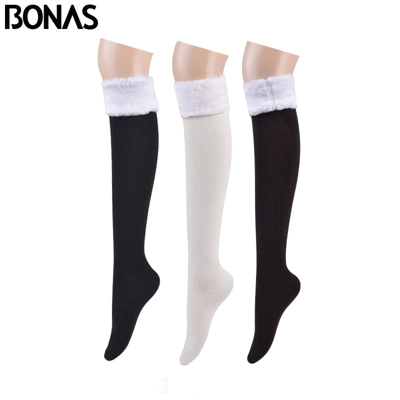 BONAS, 3 шт., гольфы, теплые чулки, Женские однотонные гольфы, женские хлопковые чулки для девочек, пушистые зимние носки, 53 см - Цвет: Black White Coffee