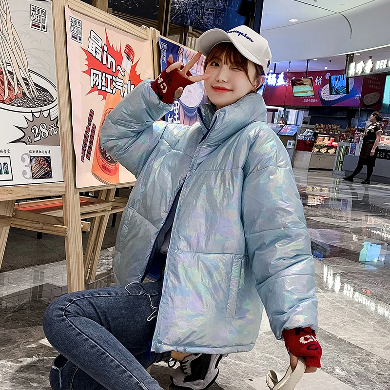 Цветной Блестящий свитер лоскутный пуховик женский корейский Свободный сплошной цвет хлопковое пальто