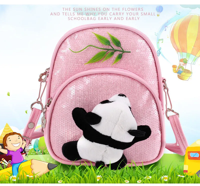 Mini PU leather Crossbody Bag for Little Girls Sequin Gillter School Handbags Teenagers Cute Panda Plush Backpack Pink Black Red (2)