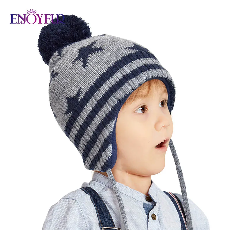ENJOYFUR/зимние детские шапки для девочек и мальчиков; Детские шапки из лисьего меха с помпоном; детские толстые теплые вязаные шапки с ушками; шапочки - Цвет: 03
