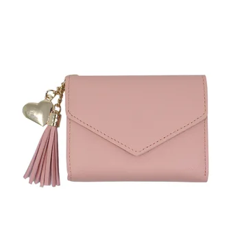 

women's short wallet slim clutch heart-shaped tassel pendant simple fashion multifunctional lychee pattern coin card holder