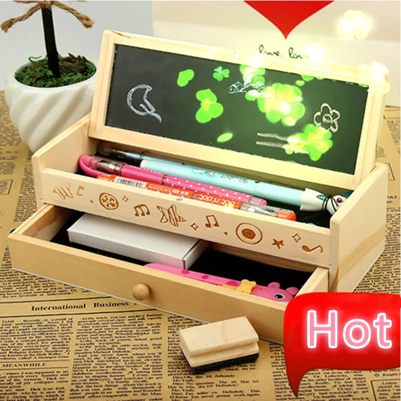 Student Pure Wooden Stationery Box Double-layer with Blackboard Creative Pencil Case