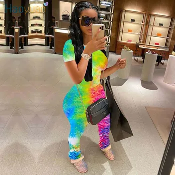 

HAOYUAN Tie Dye Two Piece Set Tracksuit Summer Outfits for Women Matching Sets Crop Top and Stacked Leggings Pants Sweat Suits