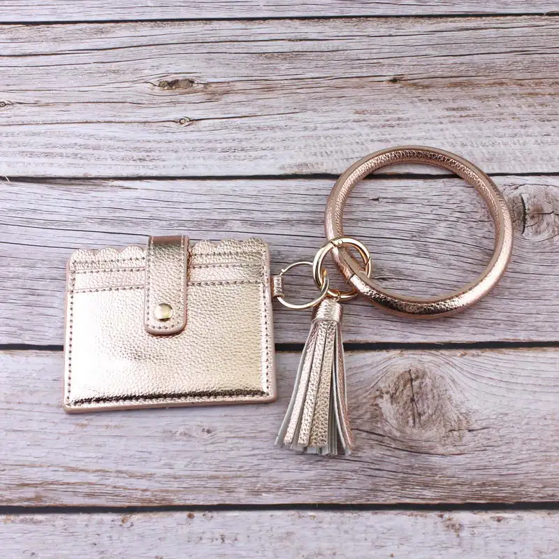 Woman Mini Card Wallet Faux Leather Purse Big Circle Leather Key Chain Bangles Leopard Printed Detachable Zipper Wallet - Цвет: Rose Gold
