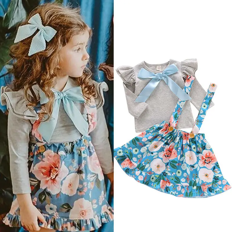 

2019 Autumn Baby Girl Toddler Kids Floral Bowknot Fly Sleeve T Shirt Tops Lovely Suspender Skirt Dress Outfits Suits
