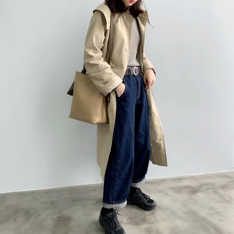 Autumn Winter Women Khaki Trench Coat Long Sleeve Turn Down Collar Overknee Long Thin Loose Coat With Belt