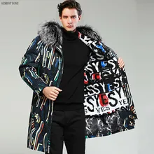 Модная мужская шуба из натуральной кожи, мужская зимняя куртка с подкладкой из кроличьего меха, воротник из лисьего меха, джинсовая ветрозащитная ткань, верхняя одежда, парка