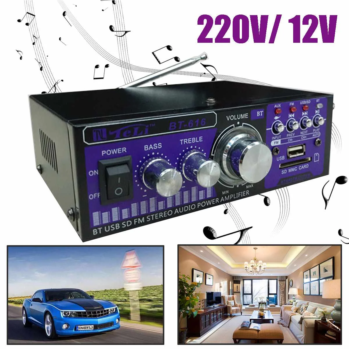 12/220V 2CH Home Theater Amplifiers Car Audio Power Amplifiers Mini HIFI Wireless bluetooth Digital Audio Stereo FM Radio+RC