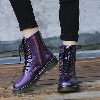 

Winter Women Biker Ankle Boots PU Leather Lace Up Sewing Rubber Basic Round Toe Platform Punk Female Ladies Shoes Botas Mujer