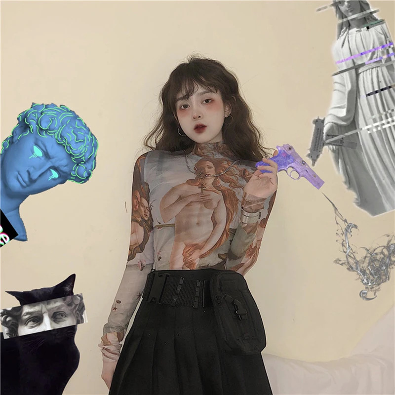Новинка, Ulzzang, персональные, шикарные, модные, Масляные картины, ангел, девушка, Ретро стиль, пикантные сетчатые топы, Повседневная мода, Harajuku, свободная женская футболка