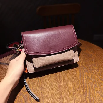 

Broadband contrast leather small square bag female 2020 new top layer leather shoulder bag messenger bag female bag
