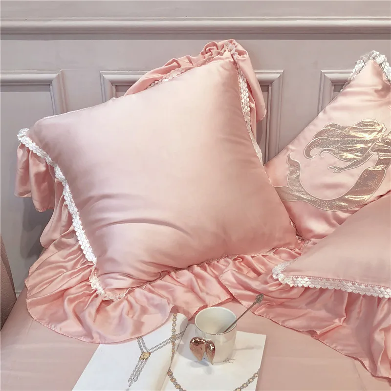Розовый постельное белье из ткани тенцель, 4 штуки/Набор/7 шт. queen King size комплект постельного белья с оборками Одеяло Русалка с вышивкой пододеяльник простынь Комплект постельного белья