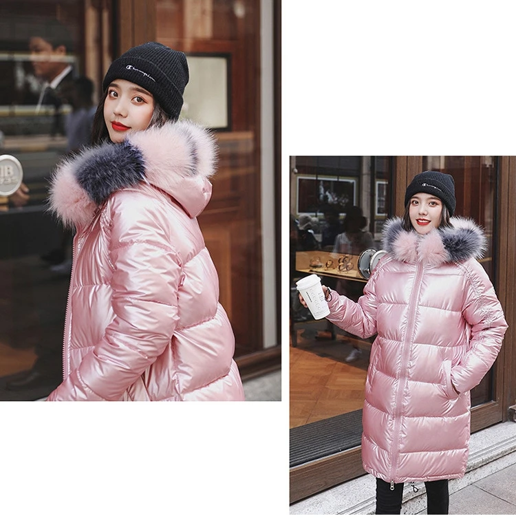 New Fashion Waterproof Glossy Down Parkas Womens Winter Jackets Warm Big Fur Collar Windproof Ladies Medium Long Hooded Coats