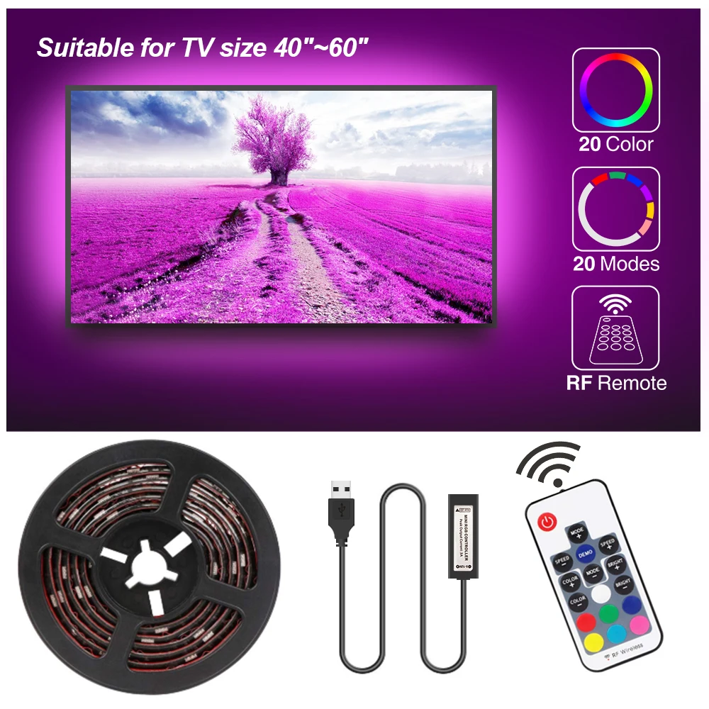 

7.5ft/2.3M Led Strip Lights for 40"-60" HDTV Wall Mount TV Waterproof Led Backlight with 360°RF Remote 20 Colors and 20 Modes