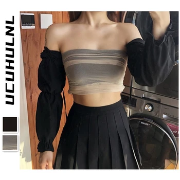 

Hollow Out Mesh Tube Top 2 Two-piece Suit Women Autumn Patchwork Long-sleeved Crop Top Casual Sweatshirt Streetwear Outfies Club
