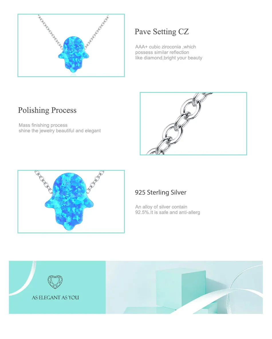 925 Sterling Silver Fashion Long Chain Crystal Necklace Sweater Jewelry Fashion Blue Opal Palm Hamsa Hand Necklace Women Gift