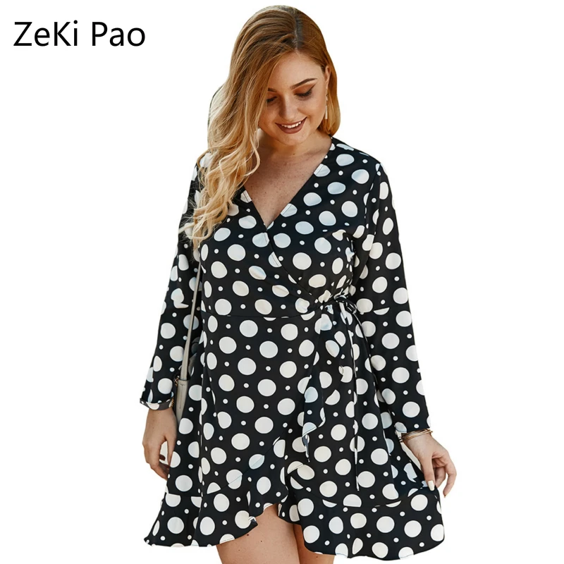 

2020 Spring and Summer Wave Dot Sexy Long-sleeved Dress V-neck Strap Fashion Large Size Was Thin Mini Dress Beach Style Hot 4XL