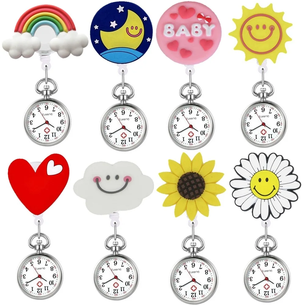 Reloj de bolsillo para Hospital, pulsera con diseño de sonrisa feliz, enfermera, Doctor, corazón, girasoles, arcoíris, Luna, Simple, a la moda, Clips retráctiles