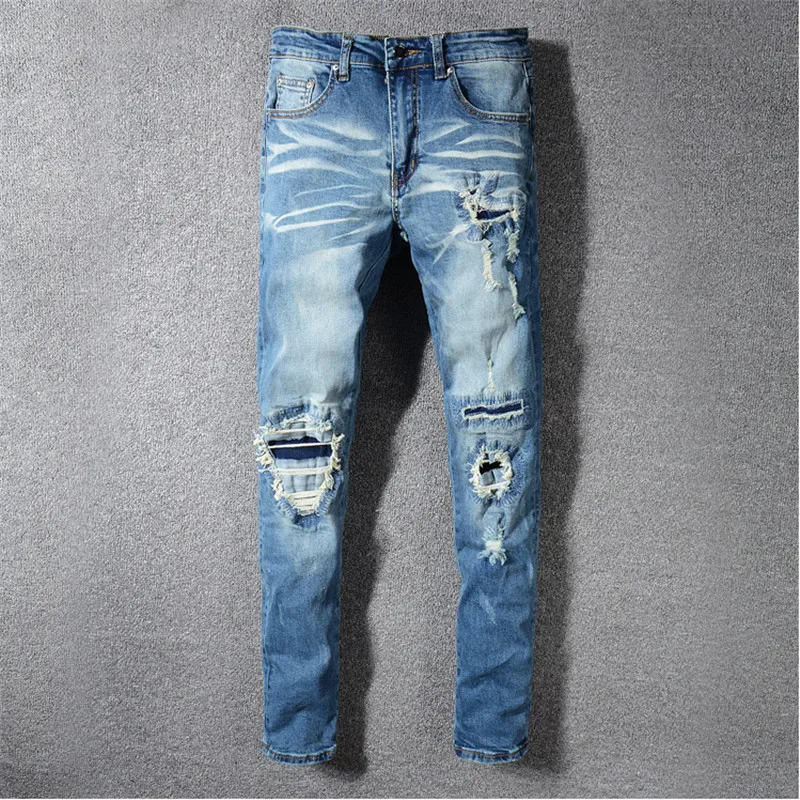 

2019 New arrived Men's Distressed Destryoed Patchwork Pants Holes Patches Washed Blue Skinny Jeans Slim Trousers Size 29-42