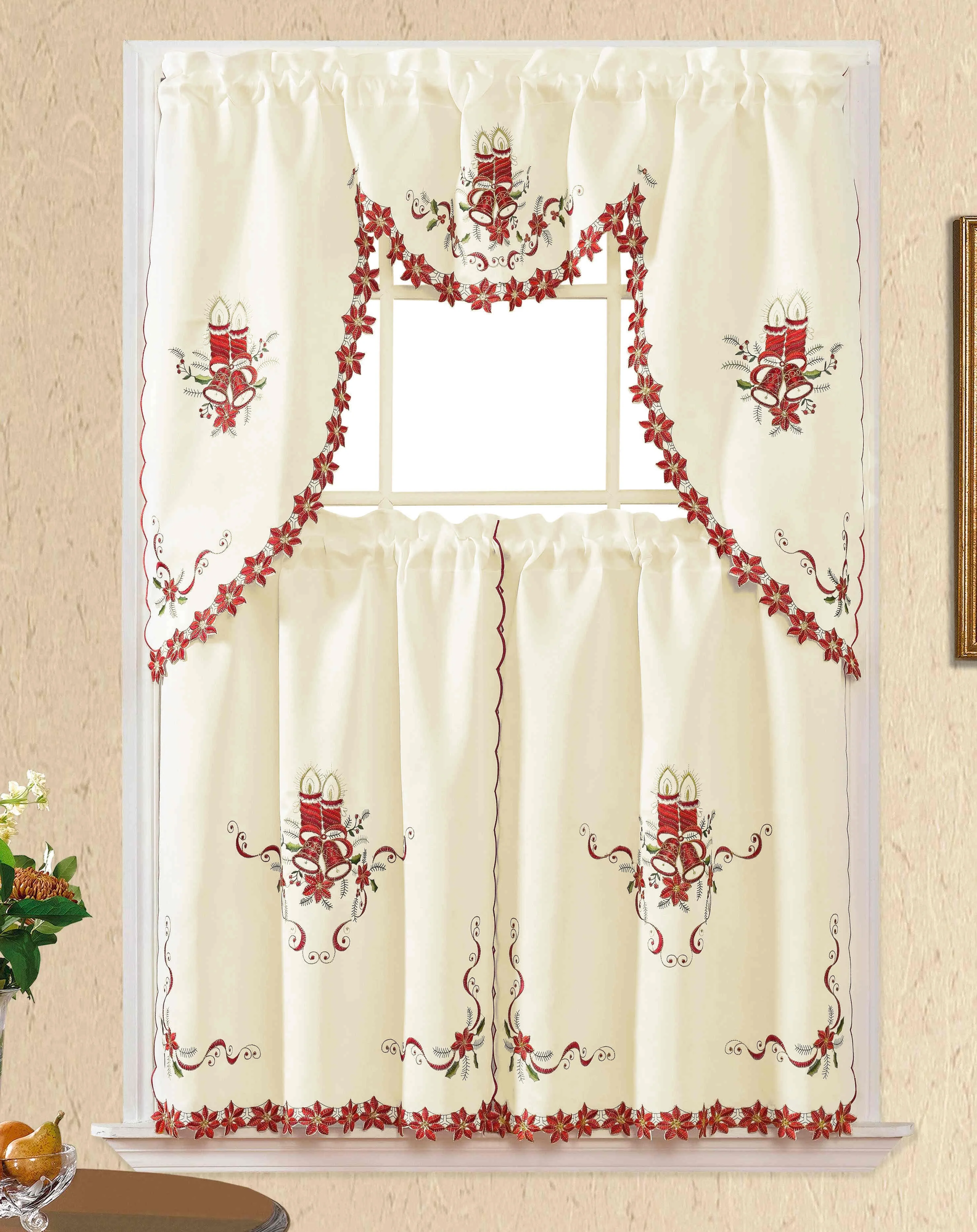 POINSETTIAS FLOWERS HOLIDAYS CHRISTMAS EMBROIDERED KITCHEN CURTAIN 3 PCS SET 