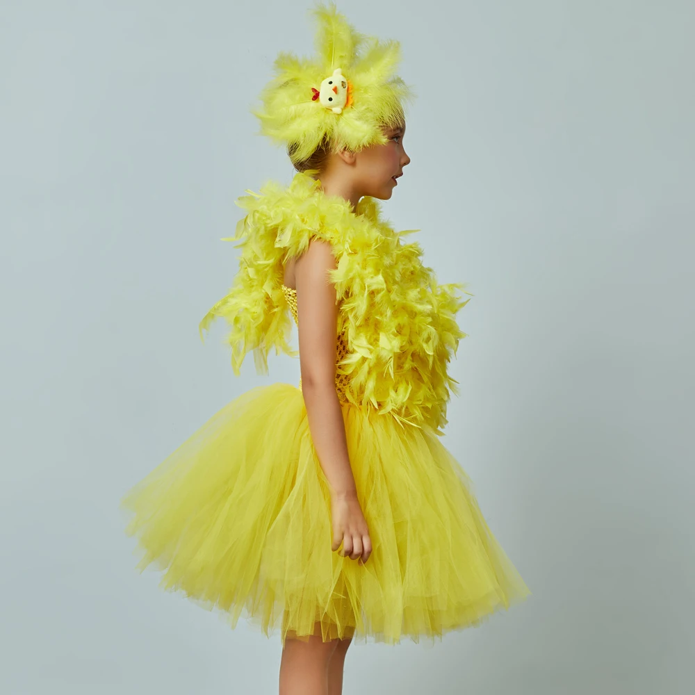 Yellow Chicken Girls Tutu Dress Kids Farm Animal Party Halloween Costume Feather Boas Children Cake Smash Photo Tulle Dress (4)
