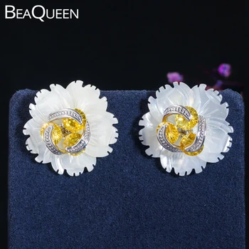 

BeaQueen Cute Rotating Yellow Cubic Zirconia Crystal 2 in 1 Design Big Shell Flower Stud Earrings for Women DIY Jewelry E363