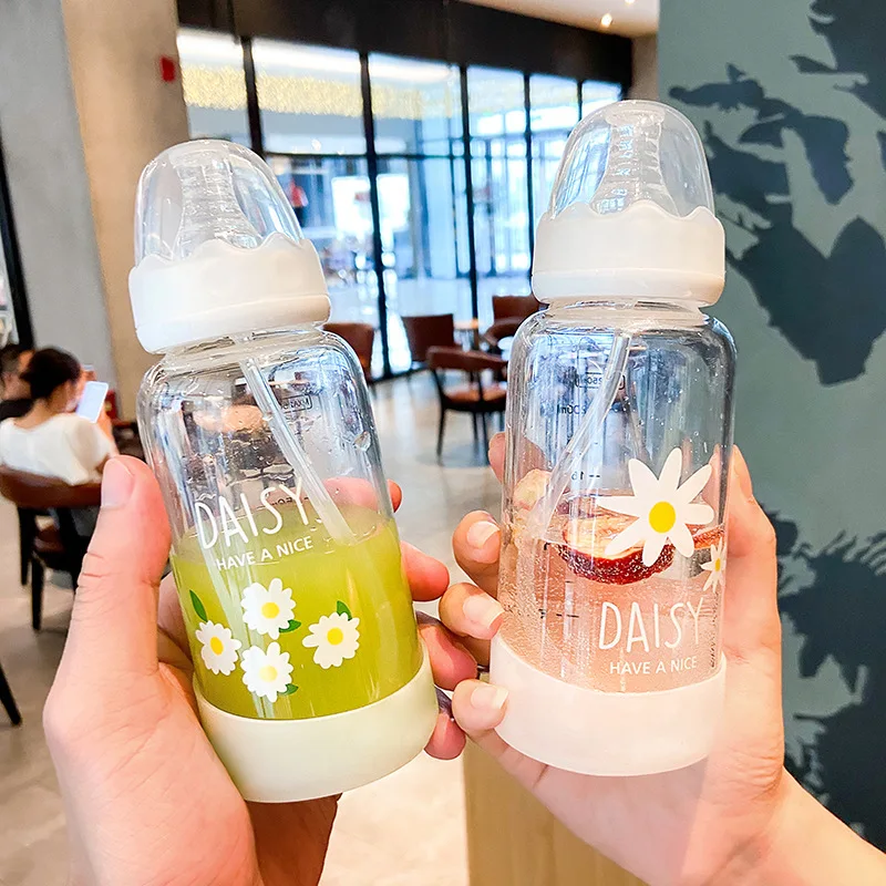 Straw Glasses with Lid Glass Milk Bottle Baby Bottles and Cups for Children Tableware Tourism | Дом и сад