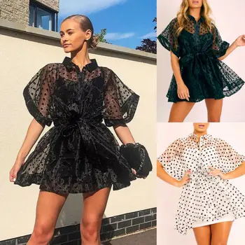 

2020 Sexy Women See Through Mesh Sheer Bikini Cover Up Casual Mini Dress Summer Beachwear