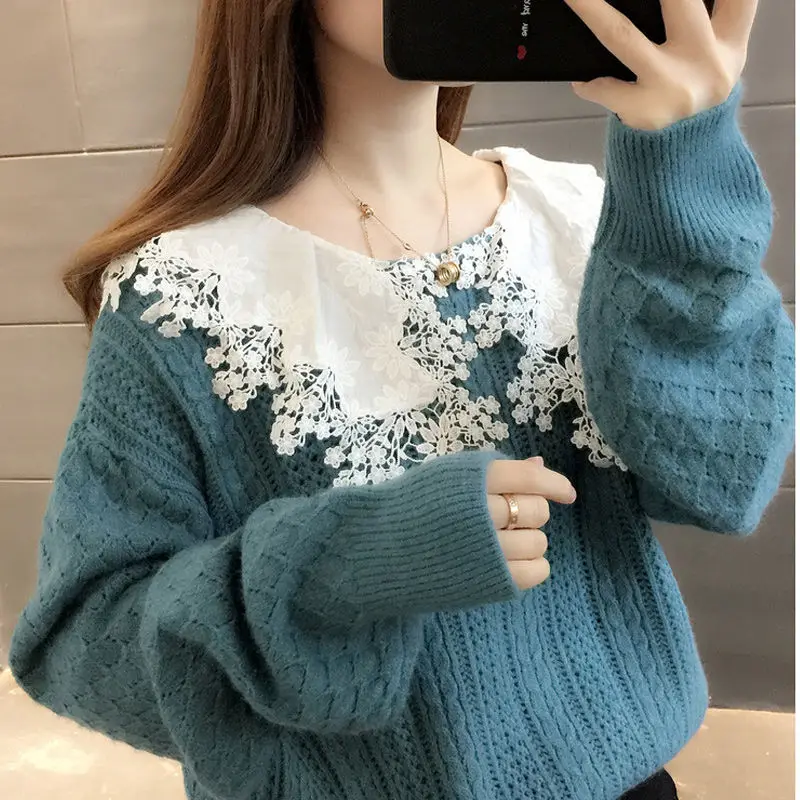 pullover sweater 2022 Spring Autumn Sweater Female Korean Version Loose Autumn Winter Outer Wear Lace Doll Collar Knit Pullover Top christmas sweatshirt Sweaters