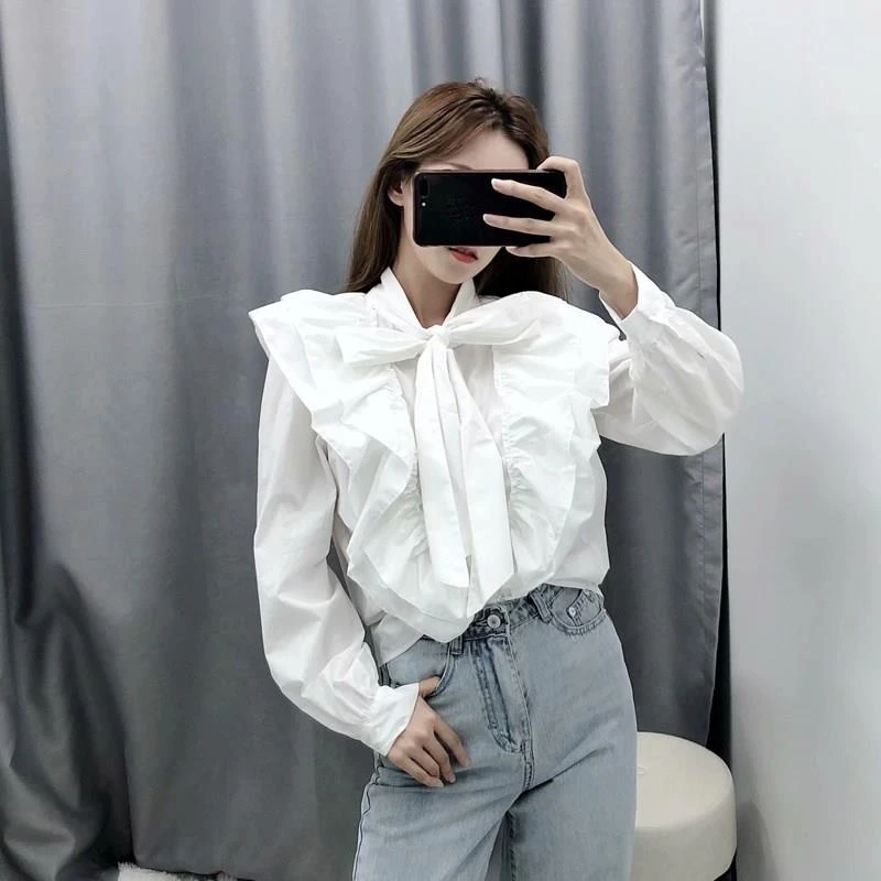 Blusa blanca elegante con cuello de moño y volantes de manga larga para oficina para mujer camisa soporte blusa sólida superior|Blusas camisas| - AliExpress