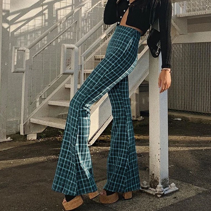 Vintage 80s Gingham pantalones acampanados azul a cuadros de alta de longitud completa pantalones Mujer trajes/ - AliExpress