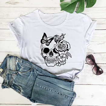 

Skull Roses Flowers Butterfly Grin Death Love Dead Head Evil Kill Killer Female Woman Design t shirt 100% cotton casual tee tops
