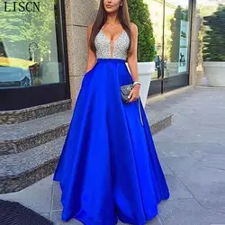 Королевские синие атласные ремни длиной до пола Роскошные блестящие серебряные бусины Кристалл v-образным вырезом спинки длинное платье