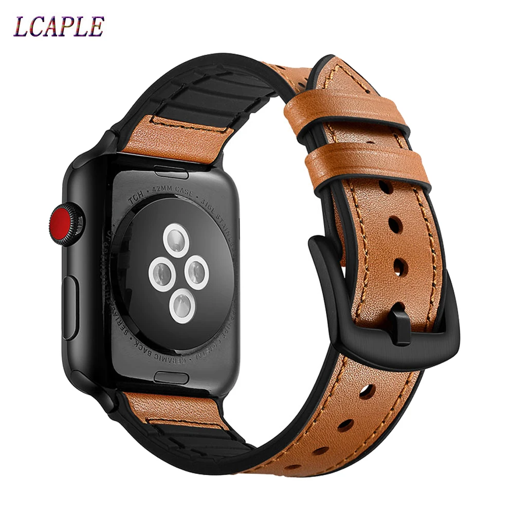 

Ремешок силиконовый + из натуральной кожи для Apple Watch Band 44 мм 40 мм 42 мм 38 мм 44, аксессуары для браслета Correa Iwatch Series 6 se 5 4 3 2