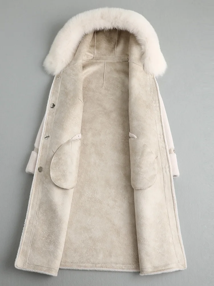 Длина 98 см роскошное осенне-зимнее шерстяное бархатное пальто из настоящего меха лисы мех меховой воротник из натуральной шерсти ягненка шуба женская C10-1