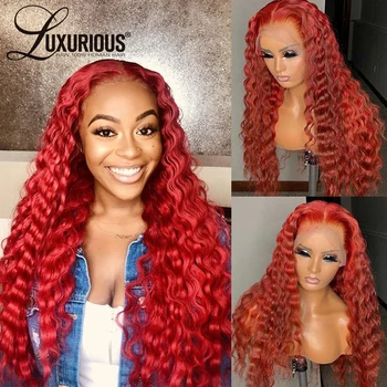 

Red Colored 13x6 Lace Front Wig Brazilian Frontal Wig Deep Wave Lace Front Human Hair Wigs For Women 360 Lace Frontal Wig