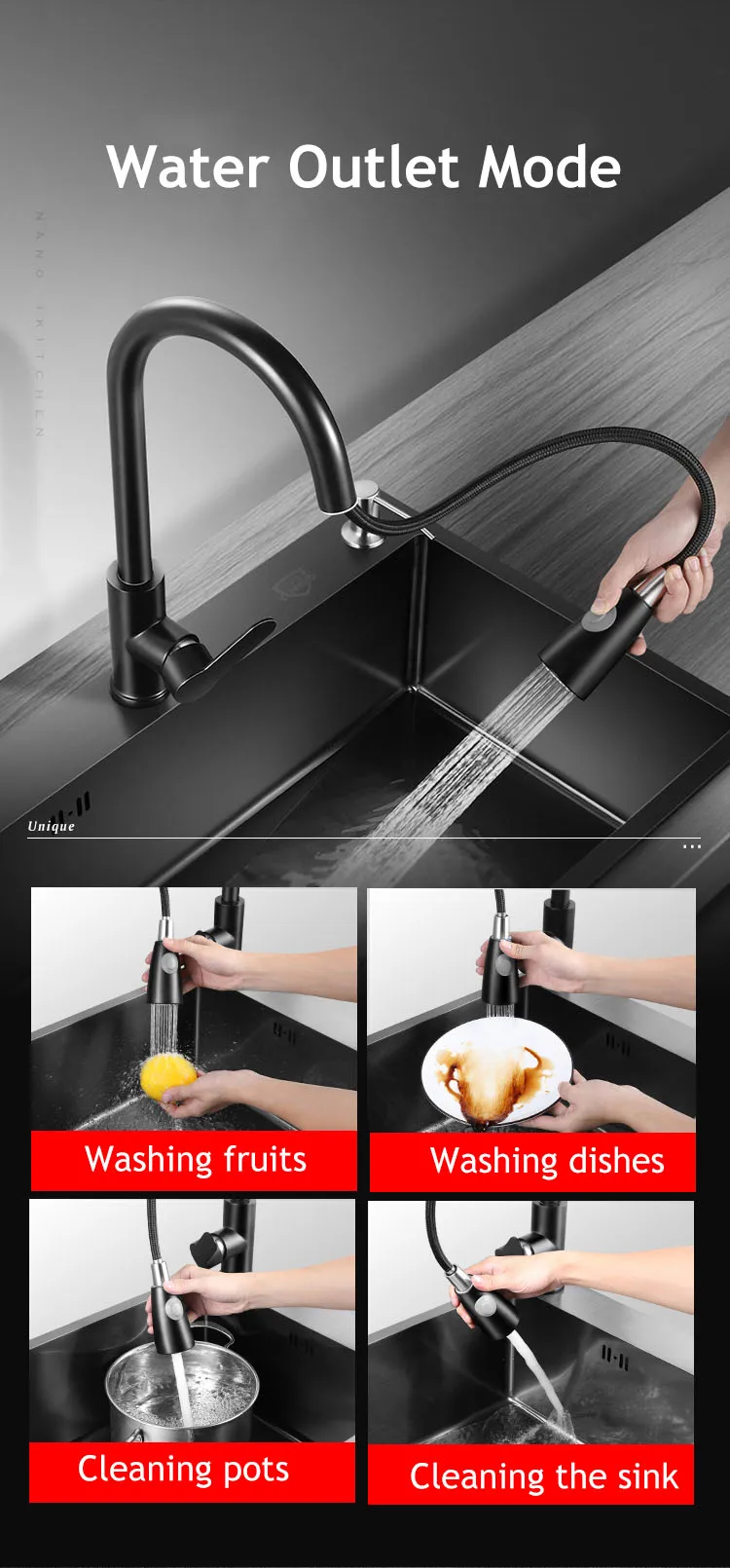 60cm Pull-out Kitchen Sink Faucet Single Hole Multifunction Hot And Cold Mixer Tap For Pure Water Midnight Black Stainless Steel