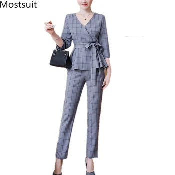 

Grey Blue Plaid Office Two Piece Sets Outfits With Belt Women Plus Size V-neck Tops And Pants Suits Elegant Korean Ol Style Sets