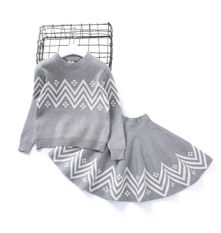 Humor Bear/Зимний комплект одежды для девочек г. Платье с геометрическим узором трикотажная одежда для девочек пальто с длинными рукавами+ юбка свитер из 2 предметов