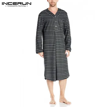 

INCERUN Men's Sleep Robes Homewear Striped Long Sleeve V Neck Nightgown Leisure Comfortable Bathrobes Pajamas Mens Kaftan S-5XL