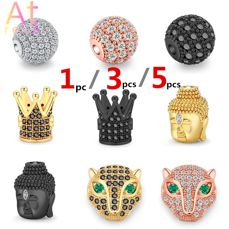 

1/3/5pcs Copper CZ Animal Charm Beads Leopard Buddha Round Crown Drop Jewelry Marking For Charm Bracelets Christmas DIY Gift