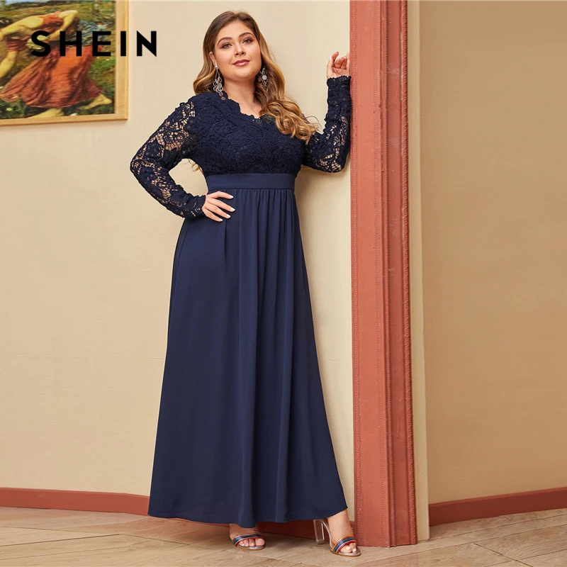 SHEIN, платье размера плюс, темно-синее, с открытой спиной, гипюр, кружевной лиф, платье для женщин, длинный рукав, v-образный вырез, высокая талия, гламурные сексуальные платья макси